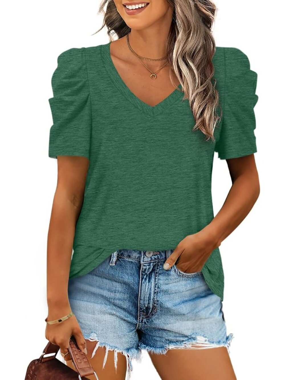 Women's Green Polyester Blend Puff Sleeve V Neck Pull On Casual Henley Shirts
